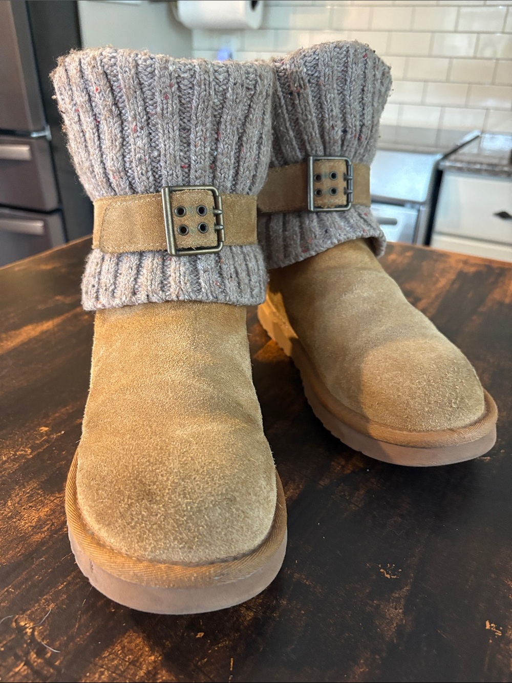 UGG Chestnut Suede Knit Cuff Boots with Heather Gray Knit
